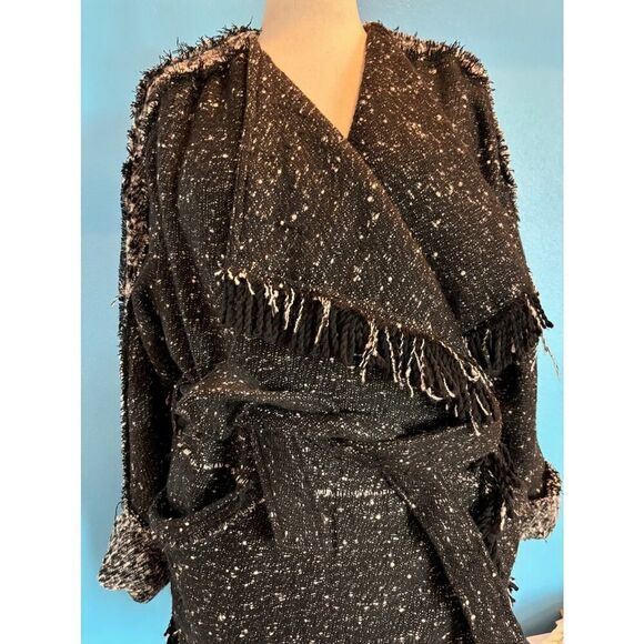 Free People UO Fringe Trim Open Front Coat Jacket Lined Self-Tie Belt M Black - Picture 6 of 10